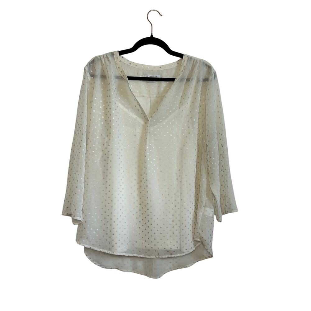 Liz Claiborne Polka Dot Blouse XL White Silver Vintage Cami Overlay Retro Top